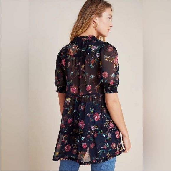Anthropologie Salzburg dark floral sheer ruffle tunic top S coquette girl - Picture 4 of 12